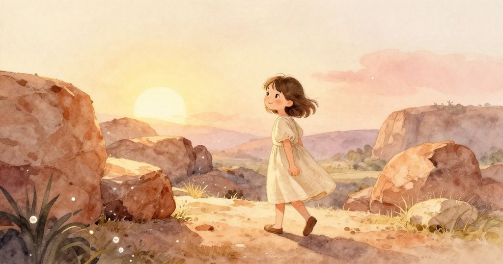 珍珠拿著掃帚在晨光中走向橙土石邊,柔和光線映出塵埃飛舞,展現探索初始與期待情緒。