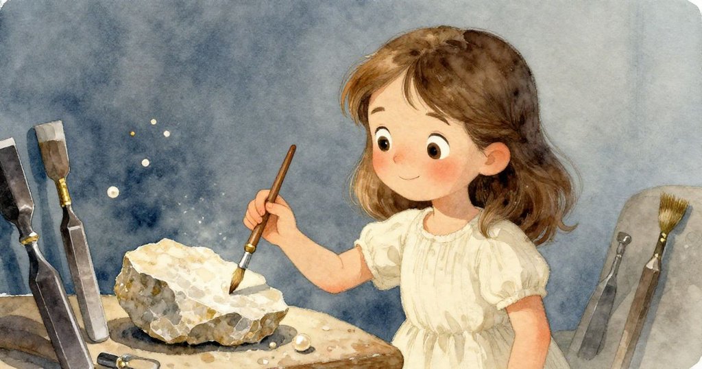 珍珠輕觸運動中的石片,刷子停留在空中,對比旁邊寂靜古舊的鑿子,展現驚奇與細膩感。