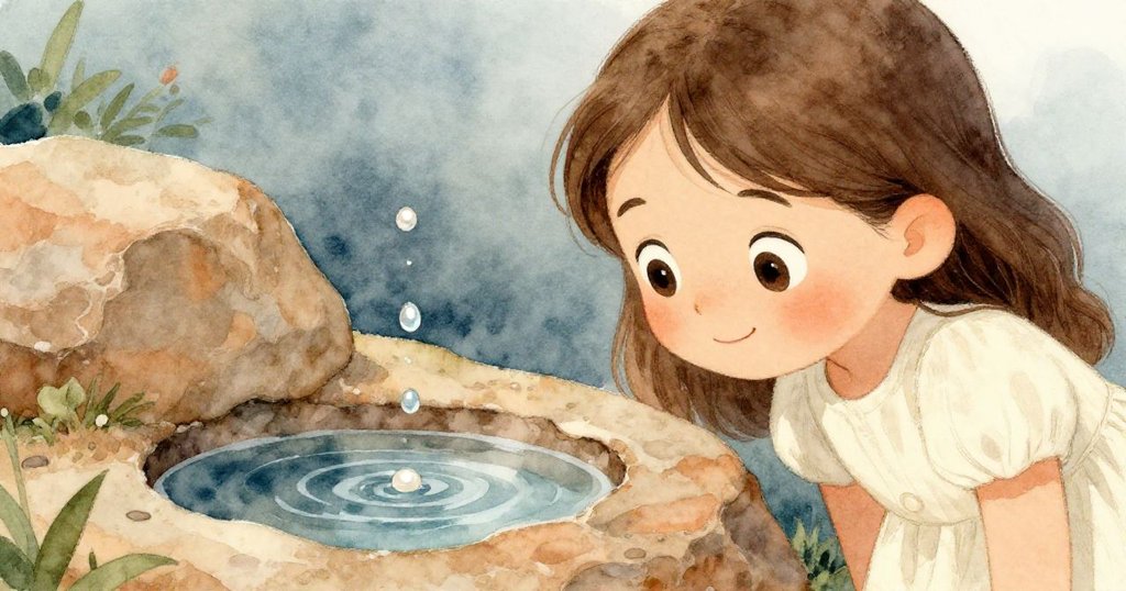 珍珠凝視著石面上細細流動的水線,水珠在凹處聚成小鏡面,細膩展示古老石紋和探索好奇。