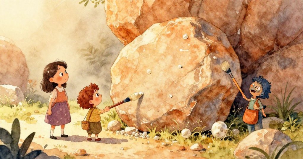 水滴沿著石縫急速移動,塵粒隨之飛散形成短暫錐形,展現動態變化與大地細膩微妙圖案。