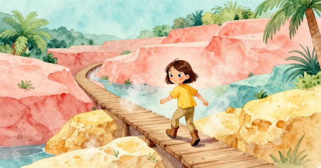 格蕾塔踏出木棧道到溫暖的石灰華邊緣,蒸氣環繞,臉上流露出好奇與探索的神情,背景呈現多彩地層。