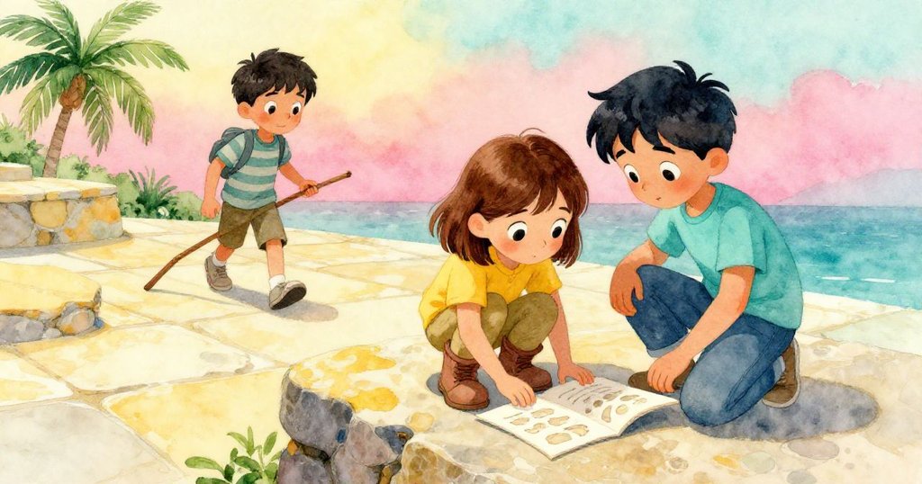 從高處俯視,格蕾塔蹲在玄武岩邊緣認真對照筆記本,背景中裡德默默攜木杖靠近,場景充滿探索與謹慎。