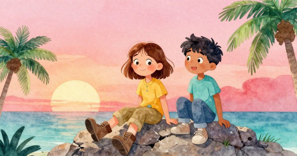 格蕾塔與裡德在石壁崩落後彼此微笑,面帶喜悅與驚奇,溫暖夕陽照耀下呈現自然力量的奇妙變化。