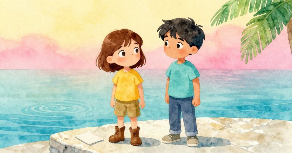 格蕾塔與裡德站在變幻的石灰華邊緣,持著閉合筆記本眺望起伏水紋,沉思中預示著未完續篇的神秘旅程。