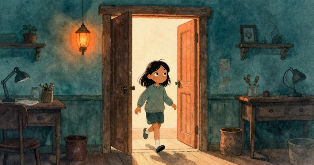 Eve從昏暗走廊進入溫暖工作室，神情堅定好奇，橙黃燈光與青藍陰影交織揭開故事開端。