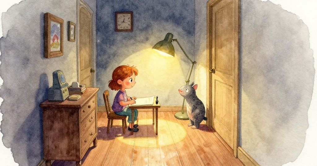 Grey的手指輕觸橡木桌面，紙張折痕細膩呈現光影交錯，溫暖燈光映出工作室的故事紋理。