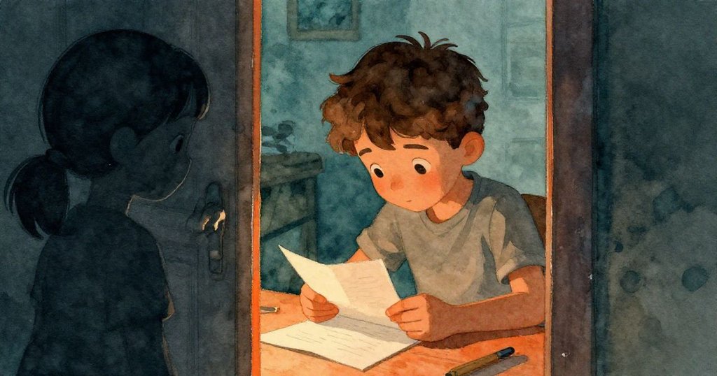 Eve透過半掩門縫觀察，見Grey聚精會神摺紙，燈光橙黃與青藍陰影交織出室內神秘氣氛。