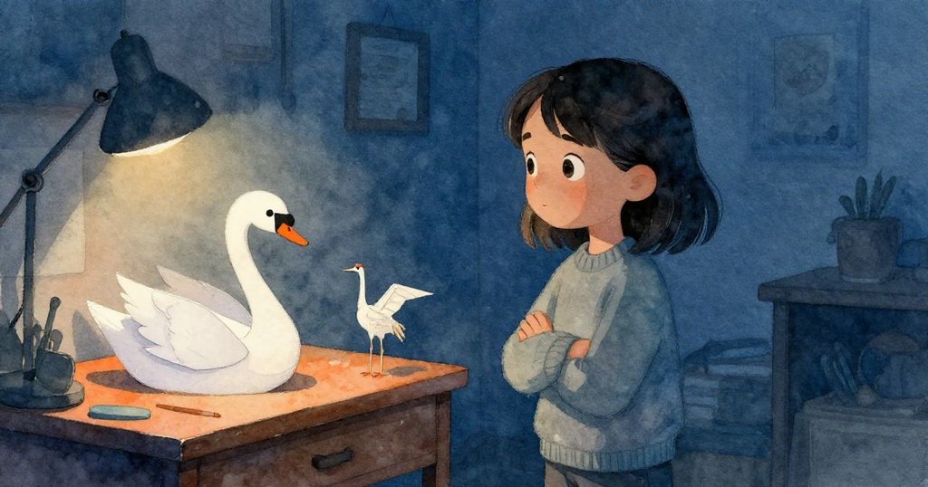 Eve轉身離去，留下未完成摺紙與Grey成品，房內木板輕響，燈光下神秘氛圍撩動未知未來。