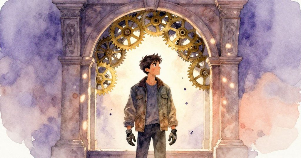 布雷克站在鐘室拱門前注視暗影中掠過的羽翼，背景充滿斑駁光影，神情充滿好奇與期待。