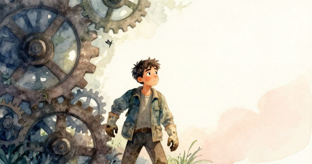 布雷克走向古老齒輪，暗影中星鴉輪廓在空曠機械背景中浮現，神情認真探索。