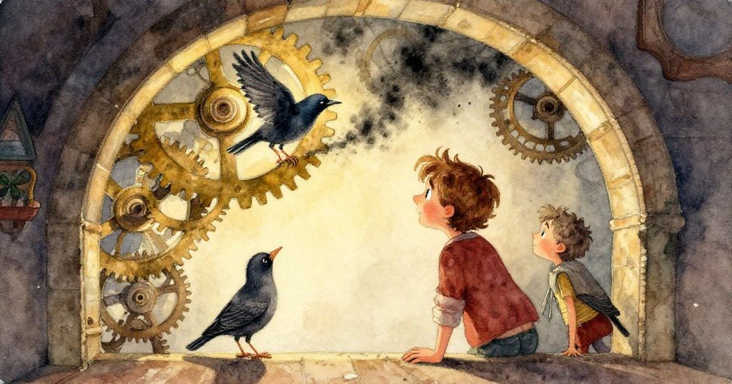 布雷克的手持刷子輕觸老舊齒輪，呈現出異常折曲的黃花瓣與草絲，細膩又神秘。