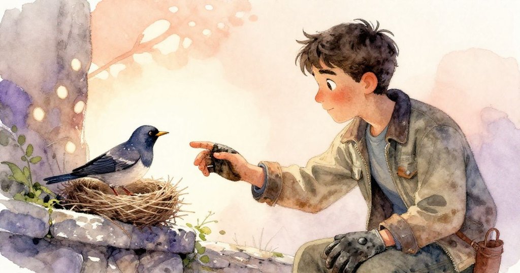 布雷克與星鴉於石壁邊緣對峙，他伸出空手，星鴉輕啼，呈現自然與機械間的和諧交流。