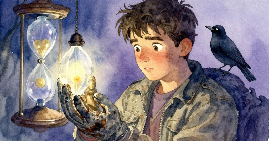 布雷克靜默凝思，手持油跡手套靠近鐘擺玻璃，星鴉靜立旁邊，氛圍神秘等待。