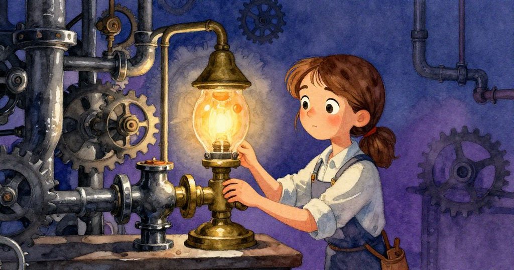 在昏暗工房中，Greta專注操作紙板機構，觸發閥門發出滴答聲，展示初步探索與溫暖神秘氛圍，場景剛啟動故事。