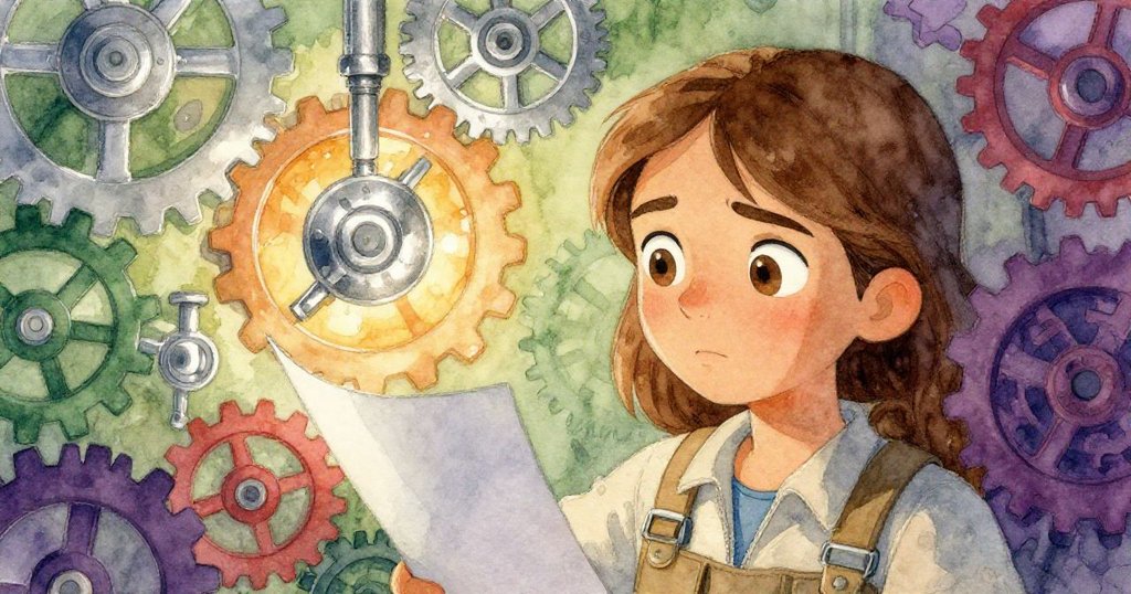 Greta凝視彈跳的銀色紙條，眼神流露專注與驚奇，齒輪與管道間光影交錯，呈現故事發展的情感細節。