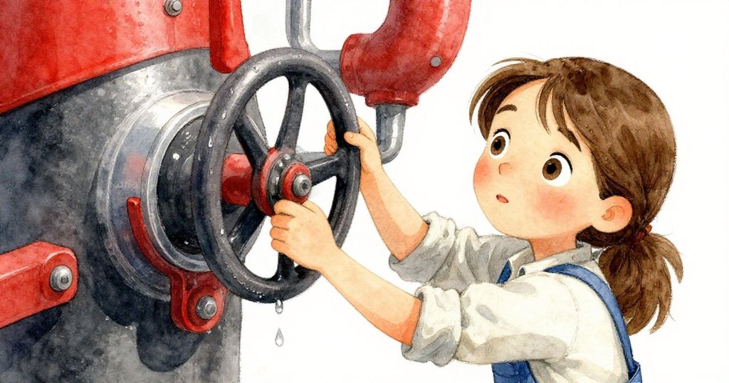 低角度視角中，Greta伸手調整傾斜閂鎖，油滴沿曲柄閃爍，呈現出機械細節與神秘動態故事進展。