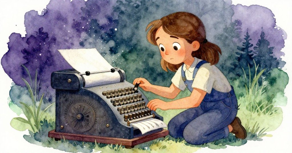 在帶有回憶色調的場景中，Greta蹲下仔細觀察紙板上閃爍微塵，光與影交錯呈現神秘探索與故事發展。