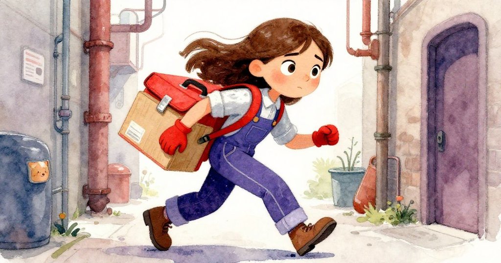 聽到輕響後，Greta急速穿越狹窄走廊，手持包裹、腰掛手套，動感十足展現故事高潮與緊迫情緒。