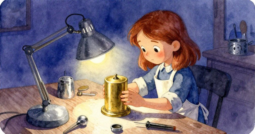 Delia在工房內於溫暖燈光下細心旋轉黃銅圓筒,背景呈現柔和陰影與工具環繞,神情專注。