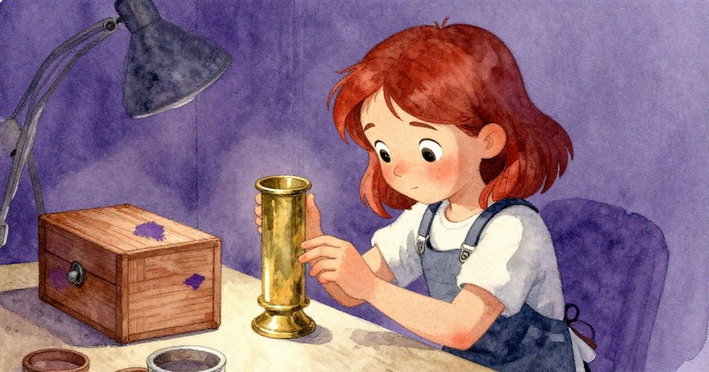 Delia手持染有紫色痕跡木箱與黃銅圓筒對比展示,細心調整針位,燈光柔和,場景充滿工坊情趣。