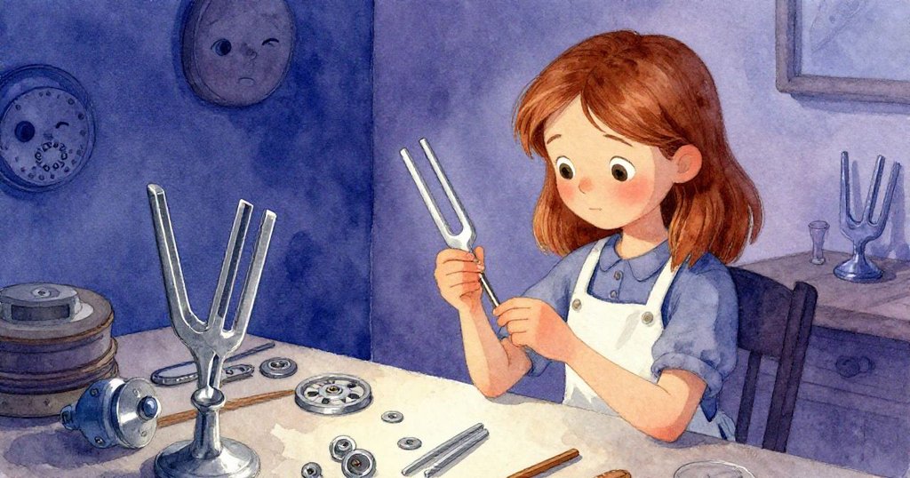 Delia在工房角落中靜心檢視調音叉與機械細節,溫燈光映照下顯出專注與內省的情感。