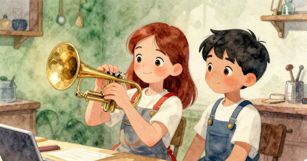 Delia與Theo在工坊中共享驚喜與成就,溫暖燈光映照出兩人柔和笑容與默契情感。