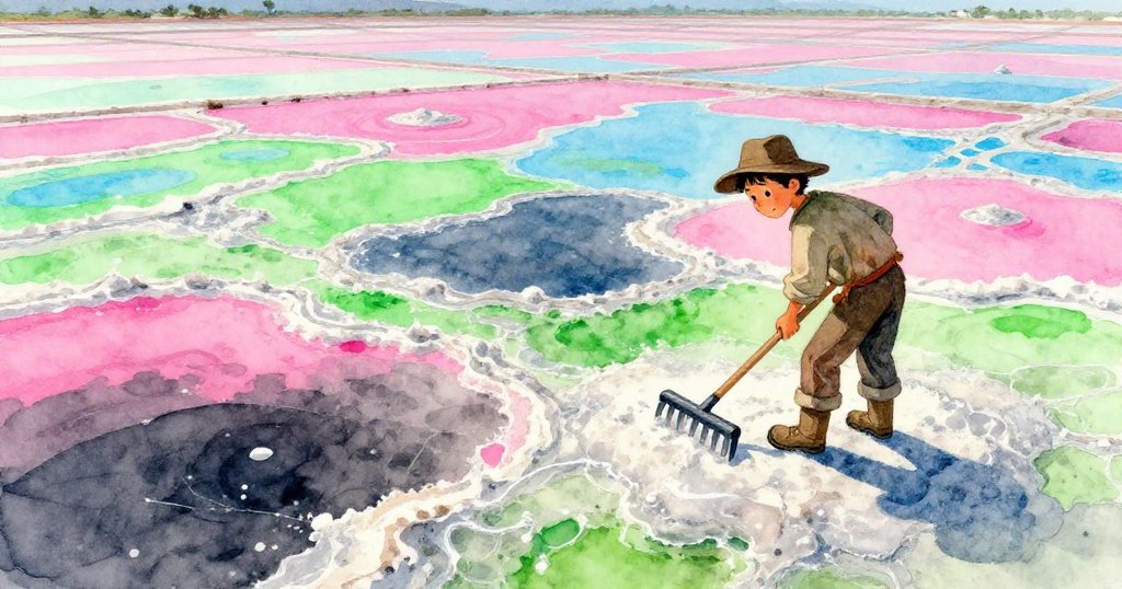 班明在鹽田中工作，從高空俯瞰展現霓虹粉與電藍鹽晶交織，顯示開篇寧靜而充滿期待的場景。