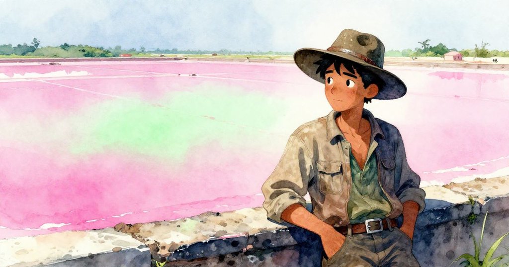 班明停下作業，倚低牆凝視空曠鹽田，背景空間廣闊展現孤獨與堅定，進入發展階段。