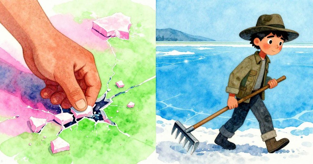 班明手觸破碎鹽殼，下半畫面展現用耙子施力，兩面互輝呈現意外轉折，情節進入高潮。