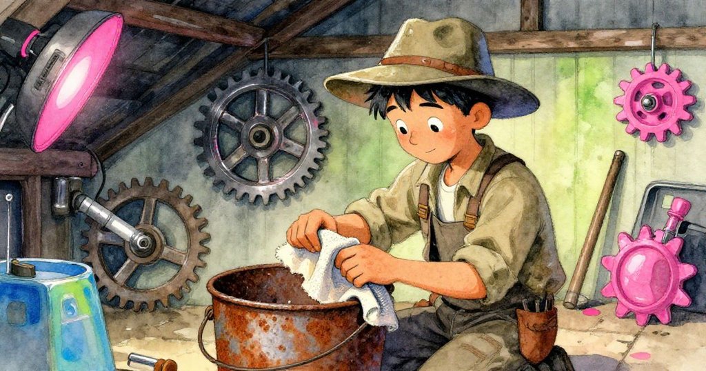 班明在工具棚內專注修繕生鏽桶子，手持粗布細膩擦拭，室內溫暖光影襯出修復與沉思。