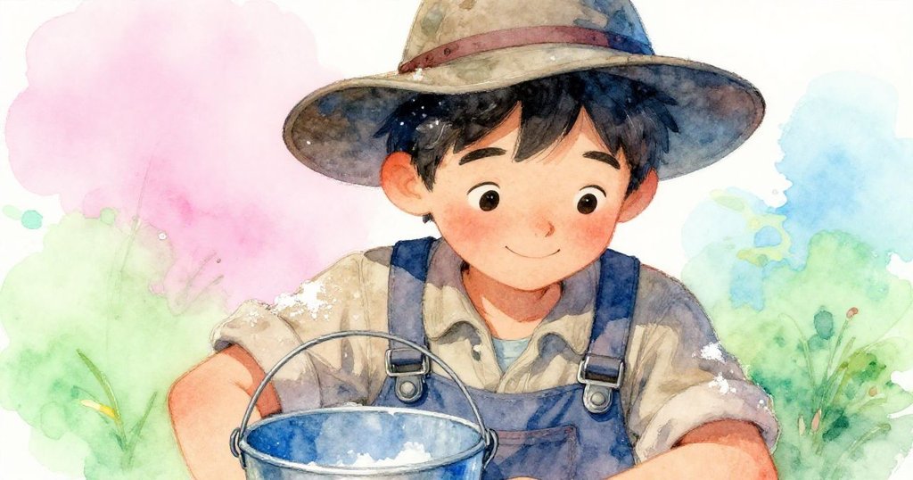 班明完成工作，臉上滿足微笑迎別夕陽，細膩鹽粉與水珠交織展現結局寧靜與溫柔離別。