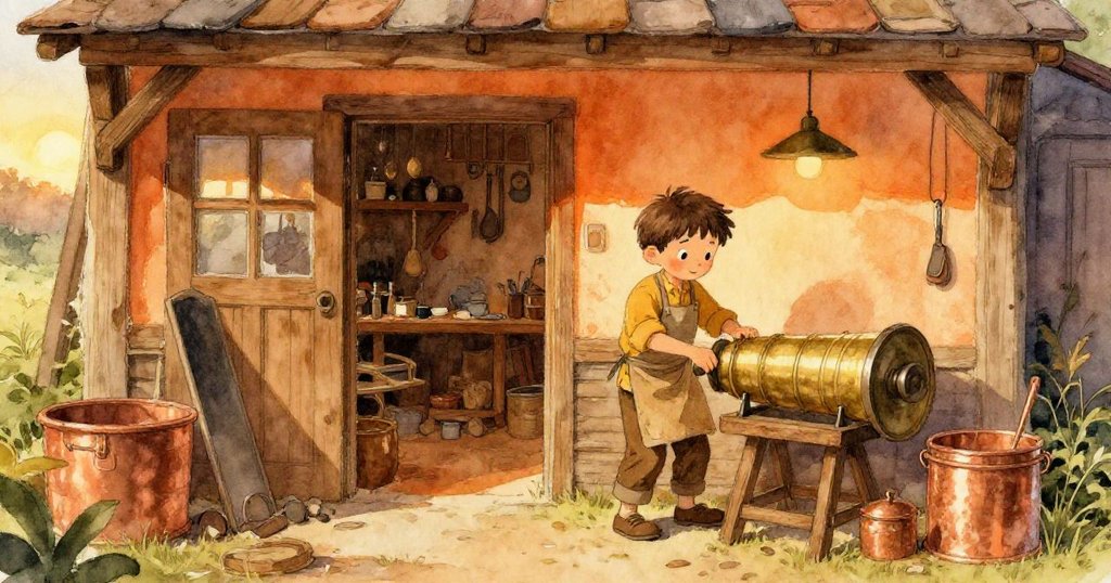 Theo在古樸工作室外忙著上弦，夕陽照耀下充滿銅色光澤，神情專注，場景溫馨復古。