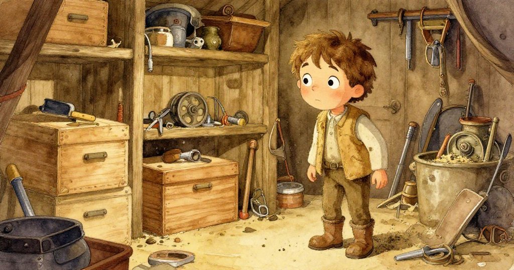 Fern進入堆滿雪松木箱的庫房，仔細觀察持續轉動的銅筒，神情中流露出好奇與疑惑，燈光溫暖。