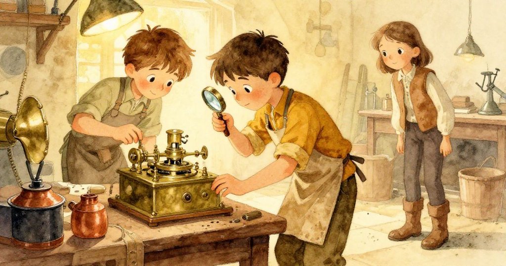 工作室恢復寧靜，Theo調整放大鏡仔細觀察完成的銅製機芯，Fern遠處靜靜注視，場景溫暖平和。