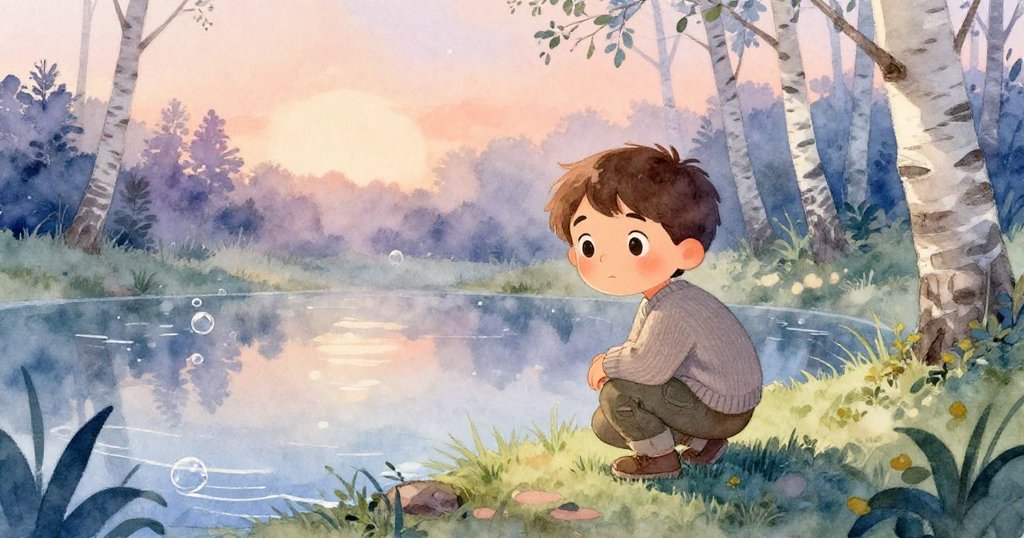 山姆蹲在濕潤的苔蘚旁，黃昏時微光映襯池塘與樺樹，露出專注又好奇的神情。