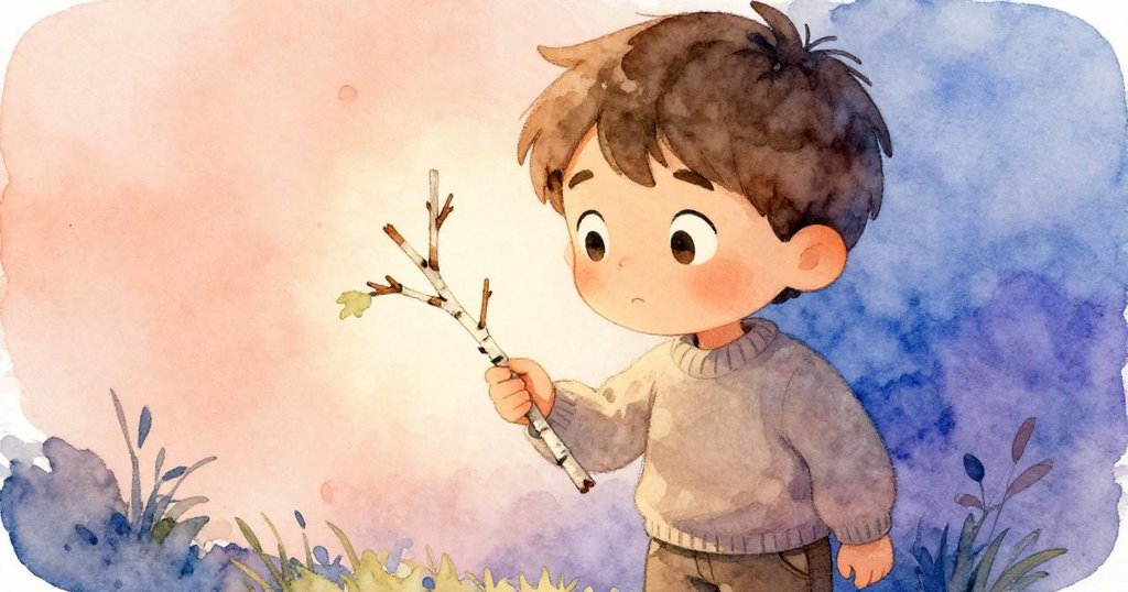 山姆專注地凝視手中樺木小枝，臉上流露出好奇與決心，柔和光線中感受自然美好。