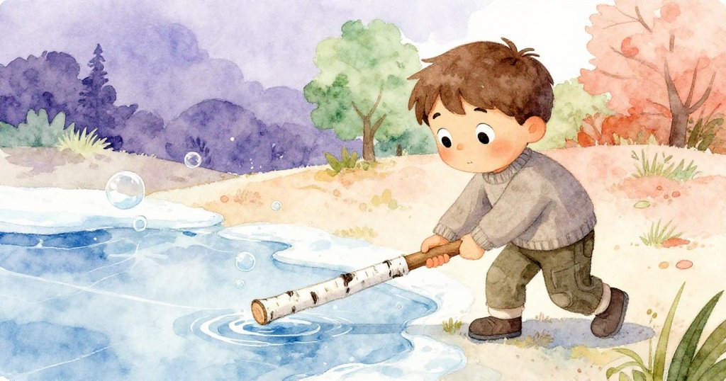 山姆用樺木小枝測量逐漸融化的冰層，池塘上細緻氣泡與裂紋同時展現自然變化。