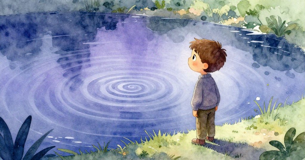 山姆靜靜凝視池塘中同心圓形漣漪，心中充滿感恩與詩意，現實與幻想融為一體。