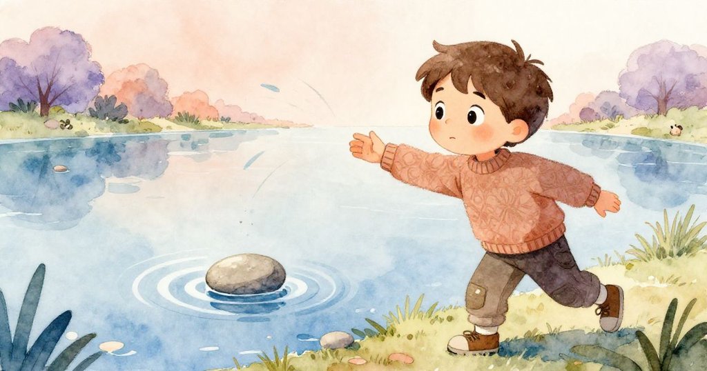 山姆迅速甩起一塊平石，石頭在池塘上空飛躍，瞬間定格於光影交錯的魔幻時刻。