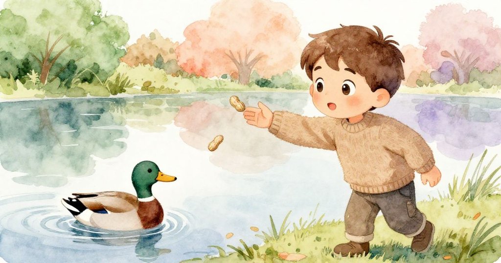 山姆放下工具，輕輕丟出一顆花生給悠然滑過池塘的野鴨，傳遞出與自然和諧共處的溫馨情感。