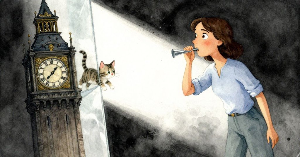 艾薇在古老鐘塔中感受金屬味道與失序鐘擺，條紋小貓從玻璃後悄然滑出，光影詭譎，氛圍神秘。