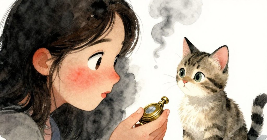 艾薇凝視著散落的黃銅小裝置，臉上充滿好奇與驚喜，條紋小貓在旁輕輕觸碰，場景細膩明亮。