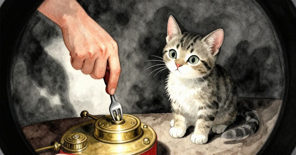 艾薇輕轉黃銅小裝置的叉狀拉桿，手部細節清晰，條紋小貓好奇凝望，鏡頭扭曲呈現異樣視角。