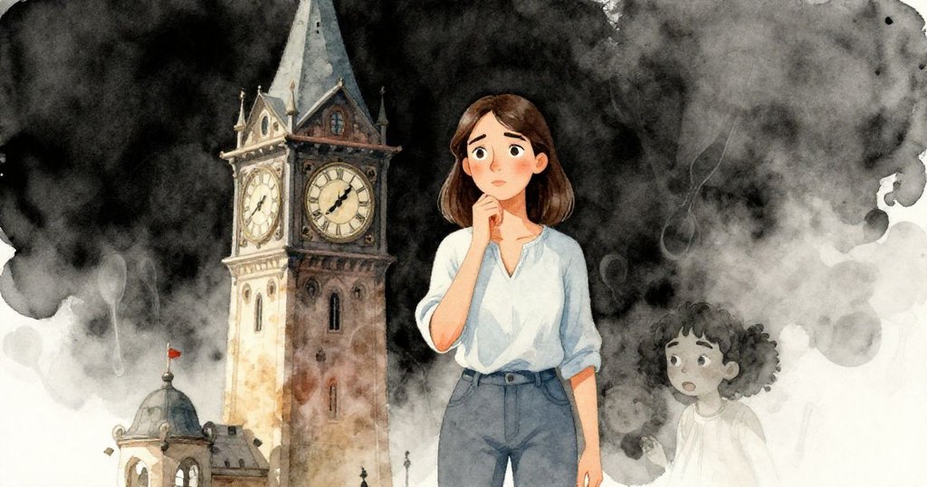 艾薇憶起童年用舌頭輕觸湯匙柄的記憶，畫面融合懷舊色調與古老鐘塔細節，神情溫柔感懷。