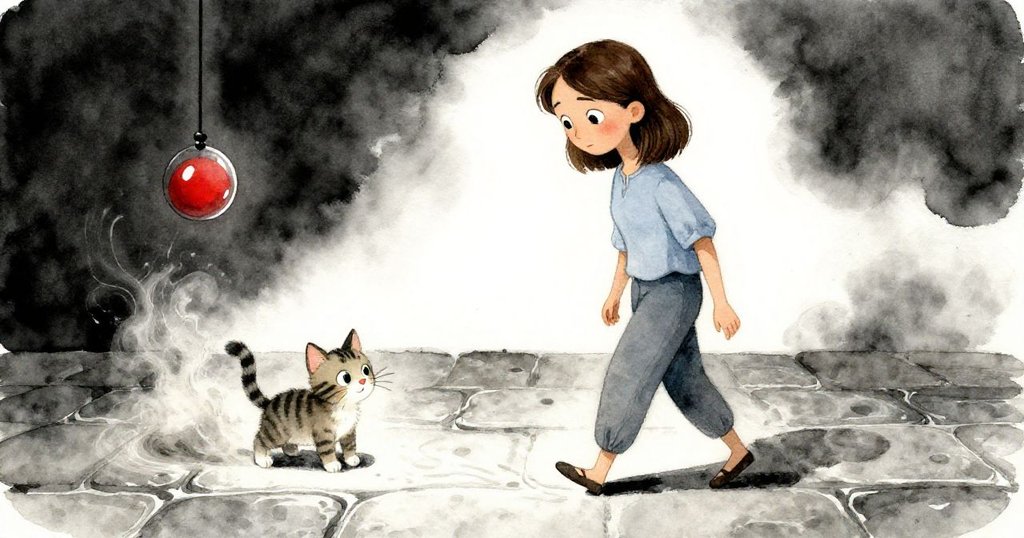 艾薇小心在石板上移動，條紋小貓輕盈跟隨，塵跡中展現動感軌跡，鐘擺聲逐漸回歸平穩。