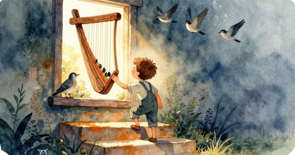 拉爾斯攀登斑駁階梯，窗邊古老風笛與飛翔小鳥交織，現場生動溫暖充滿希望。