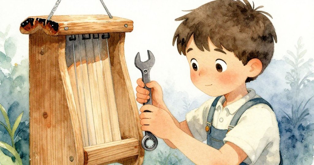 拉爾斯仔細檢視風笛雪松盒上的年輪與微焦邊緣，神情專注展現歷史痕跡與溫暖記憶。