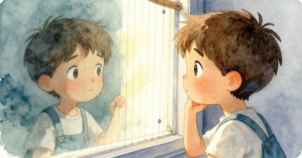 拉爾斯凝視窗外，玻璃中映出其深思眼神與輕顫琴弦，內心寧靜充滿詩意。