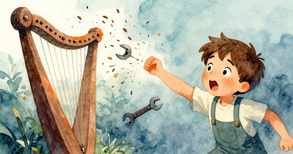 猛烈風中種子飛舞，拉爾斯驚訝後退，工具與風笛共舞動感十足，場面活力四射。