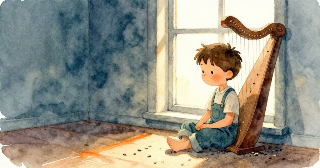 風暴過後拉爾斯靜坐窗邊，低聽風笛柔吟，地上散落種子與溫馨光影交織，心境恢復寧靜。